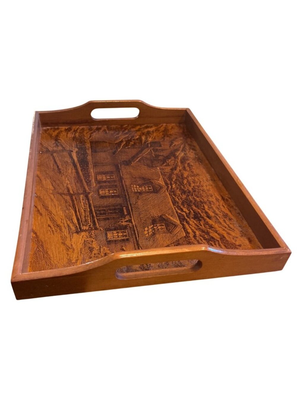 Vtg House Of Lloyd Wooden Serving Tray Cottage Scene Engraving Taiwan - Picture 2 of 5
